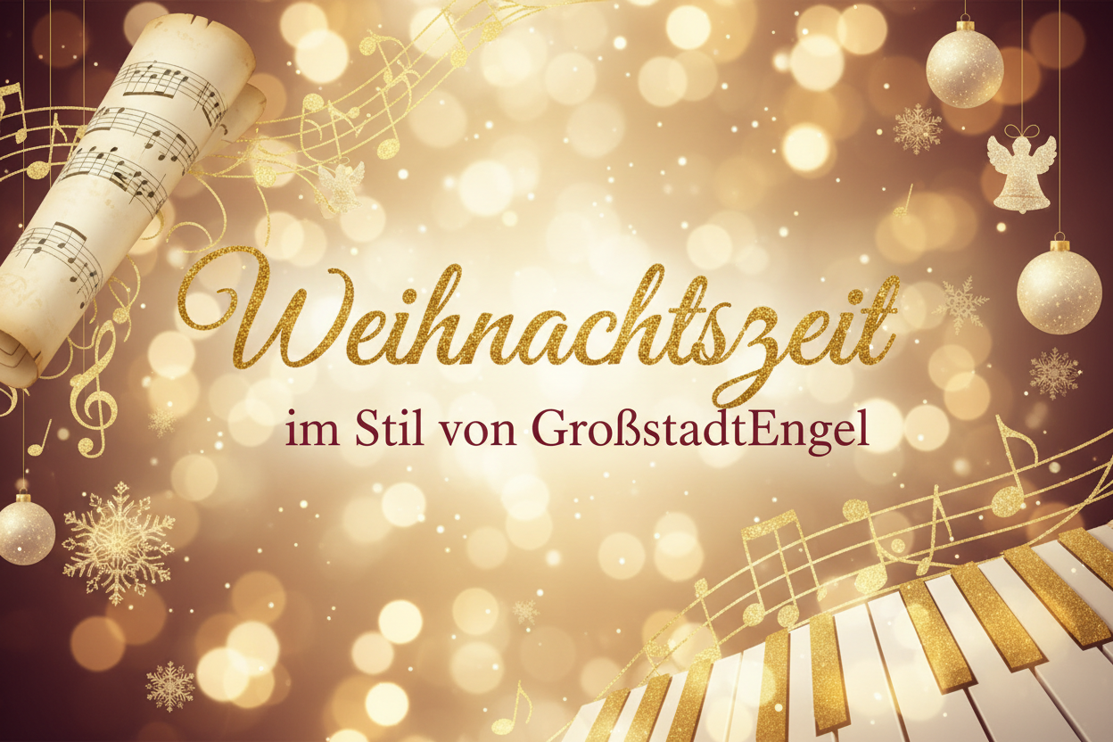 Weihnachtszeit im Stil von GroßstadtEngel - Festliches Midifile Cover mit goldenen Weihnachtslichtern, Schneeflocken und musikalischen Elementen für Alleinunterhalter und Musiker in der Adventszeit